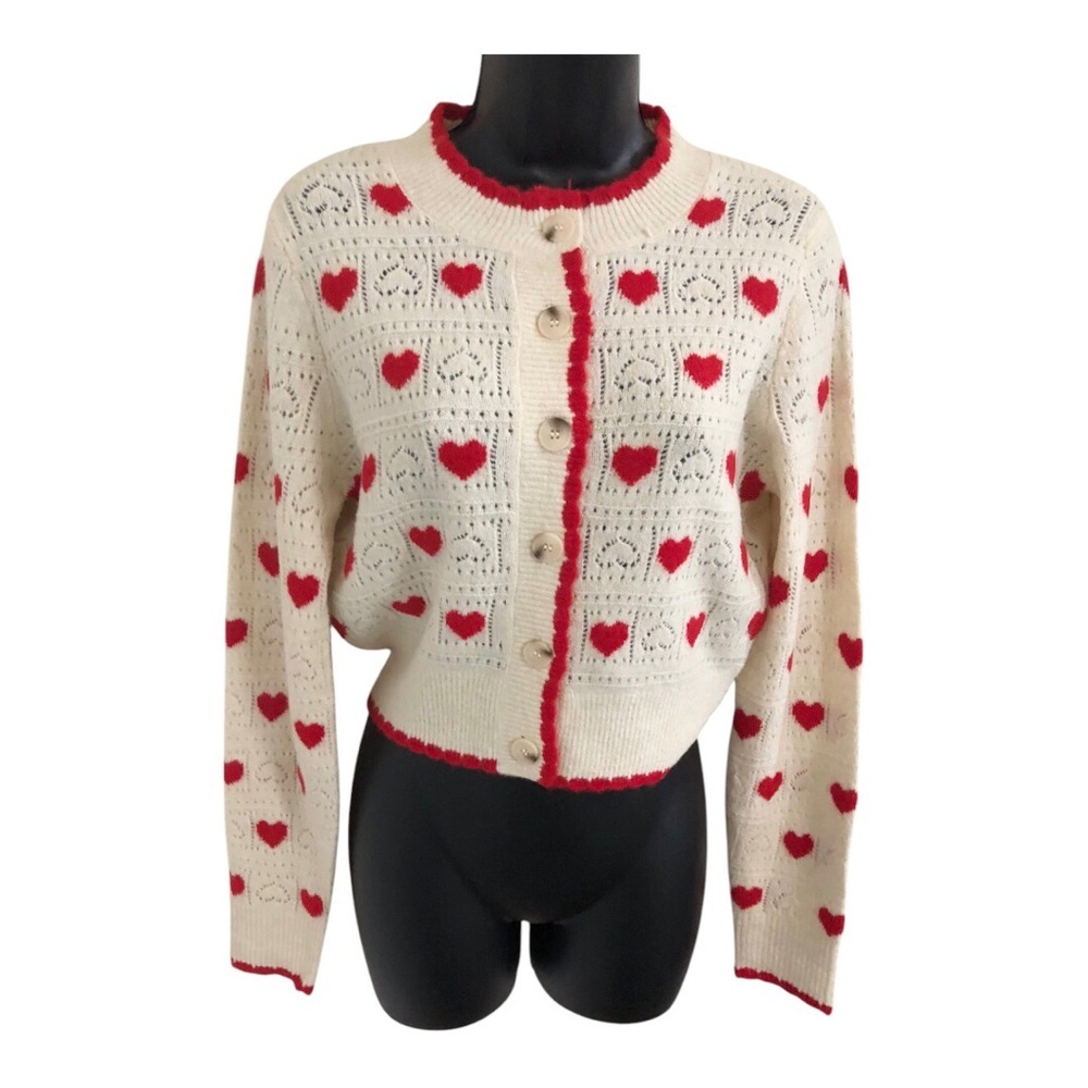 Jessica Simpson cream red hearts crochet knit scallop edge cardigan size medium